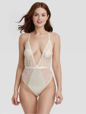 Auden Women’s Unlined Lace Lingerie Bodysuit, Spandex Blend, Cream, Size L, NWT!